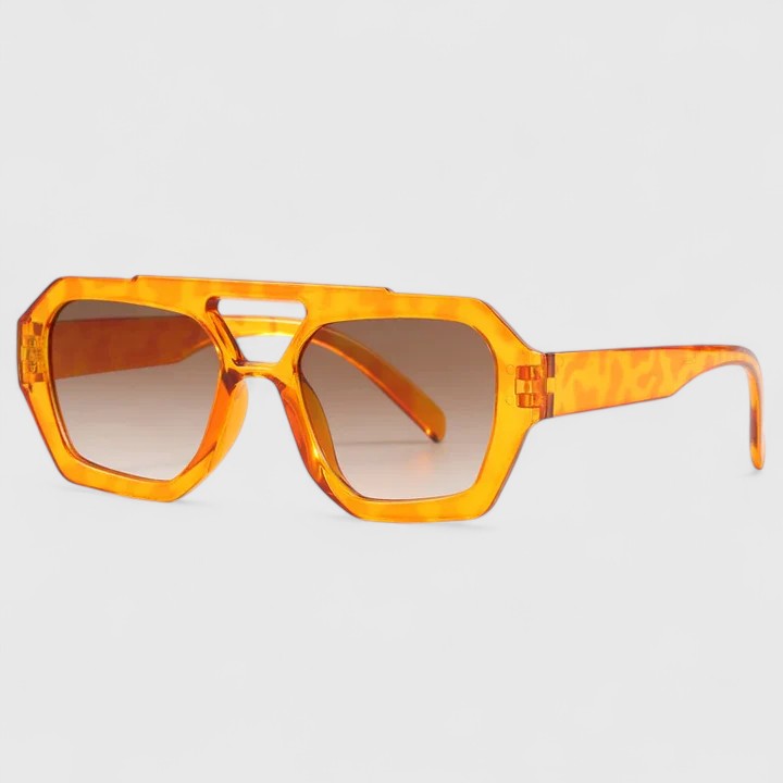 Sunglasses with orange tortoise square frames and tinted lenses