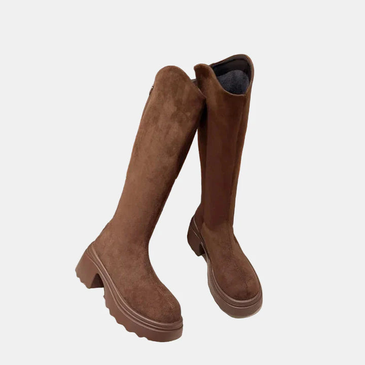 Brown tall boots pair, suede-look upper, low chunky block heel, rounded toe