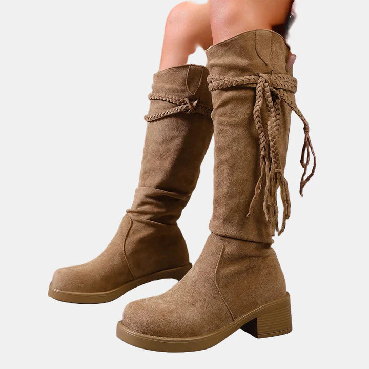 Khaki suede mid-calf ankle boots with chunky block heel and braided cuff detail