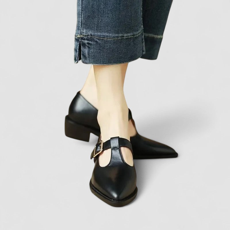 Black orthopedic Mary Jane shoes with ankle strap and metal buckle, low block heel