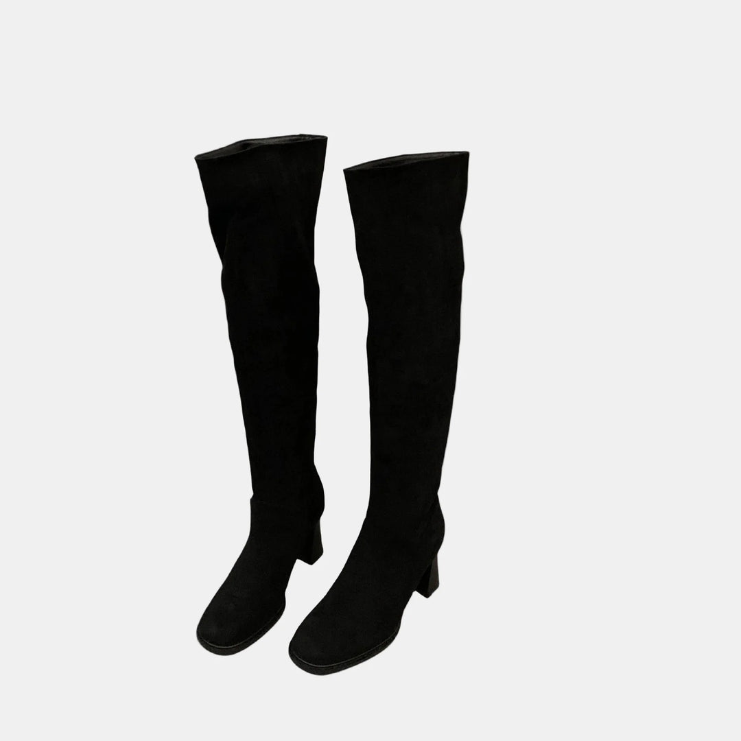 Black suede pointed-toe block-heel knee-high boots, front view