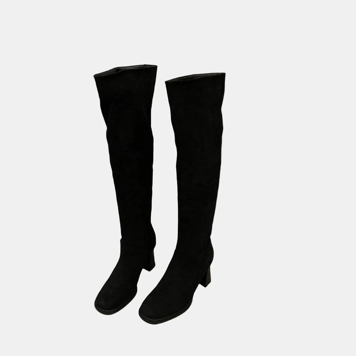 Black suede pointed-toe block-heel knee-high boots, front view