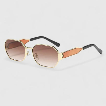 Jaylynne sunglasses with rose-tinted lenses and gold-tone frame, orange temple accents