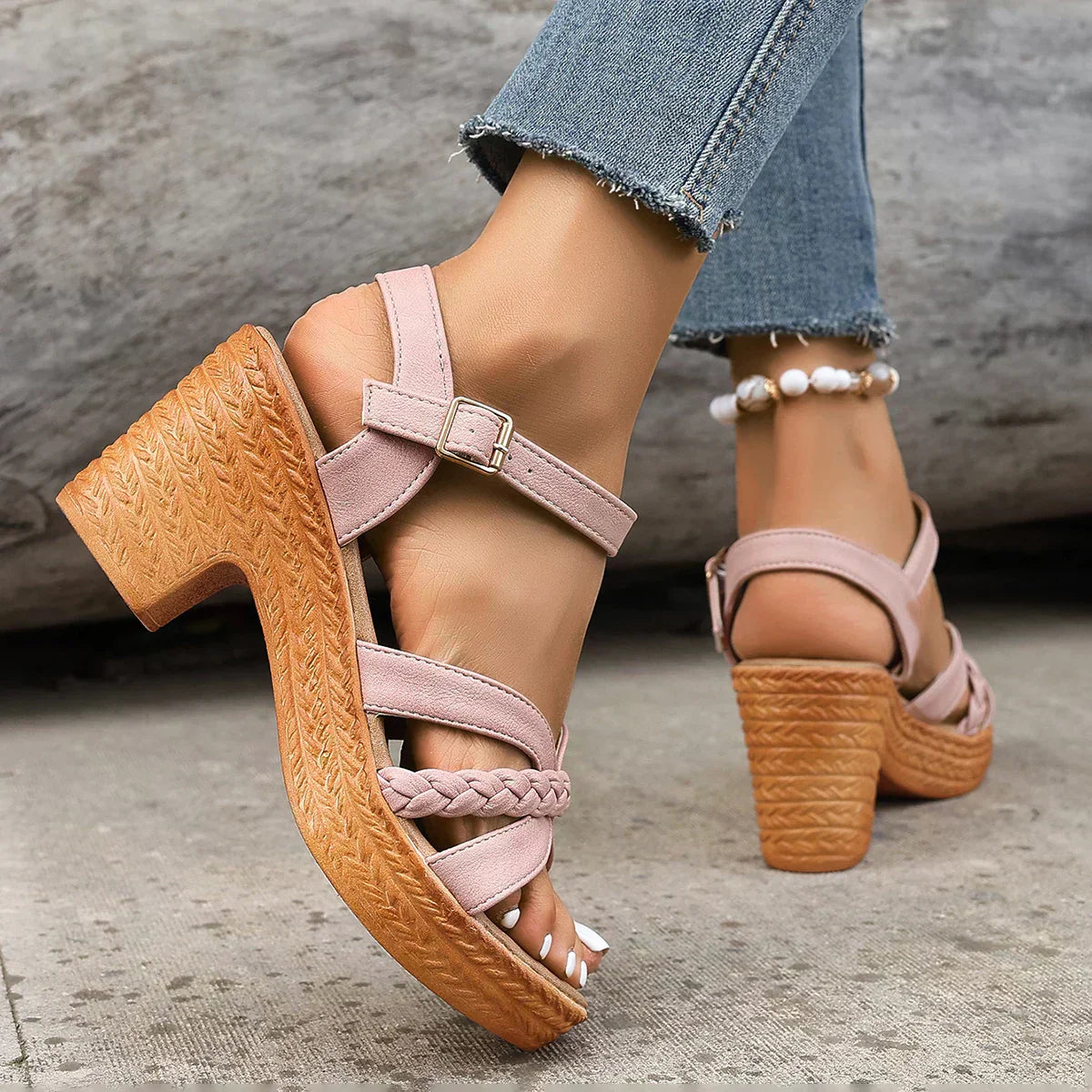 Comfortable sandals in blush pink with braided toe strap, ankle buckle, and platform block heel
