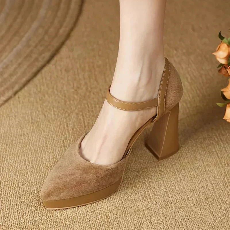Brown suede pumps with ankle strap and buckle, high block heel, side profile