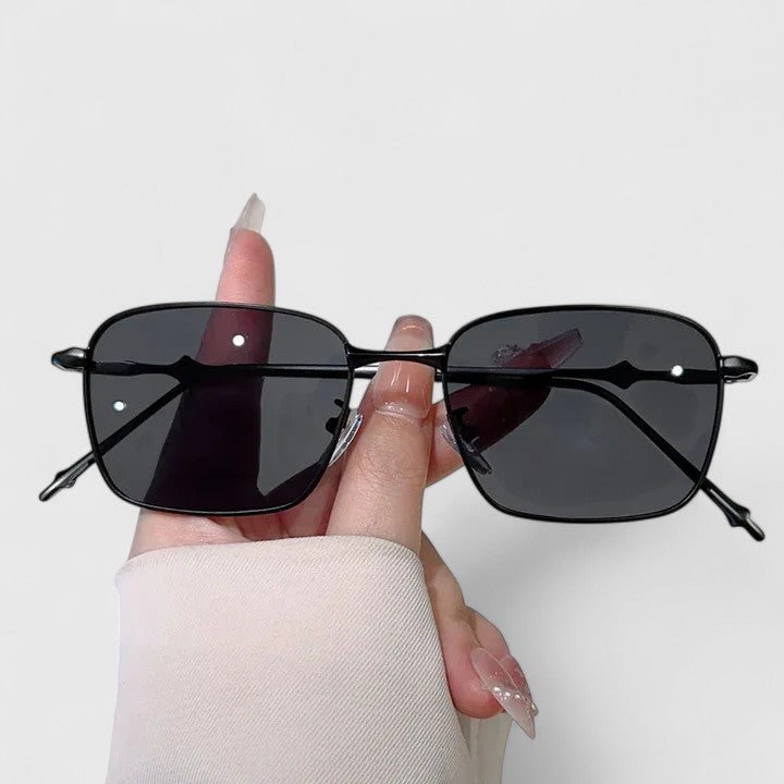 Raygynn sunglasses held in hand with dark lenses and black metal frame