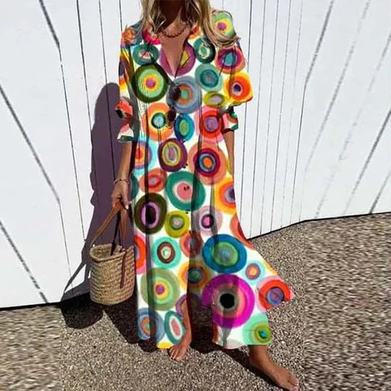 Boho puff-sleeve maxi dress with V-neck, multicolor circle motif print