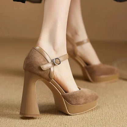 Brown suede pumps with ankle strap buckle and chunky block heel, side view