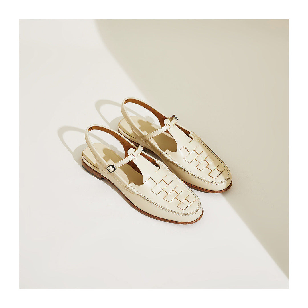 Ivory woven charm sandals, braided grid pattern on slingback upper and low heel