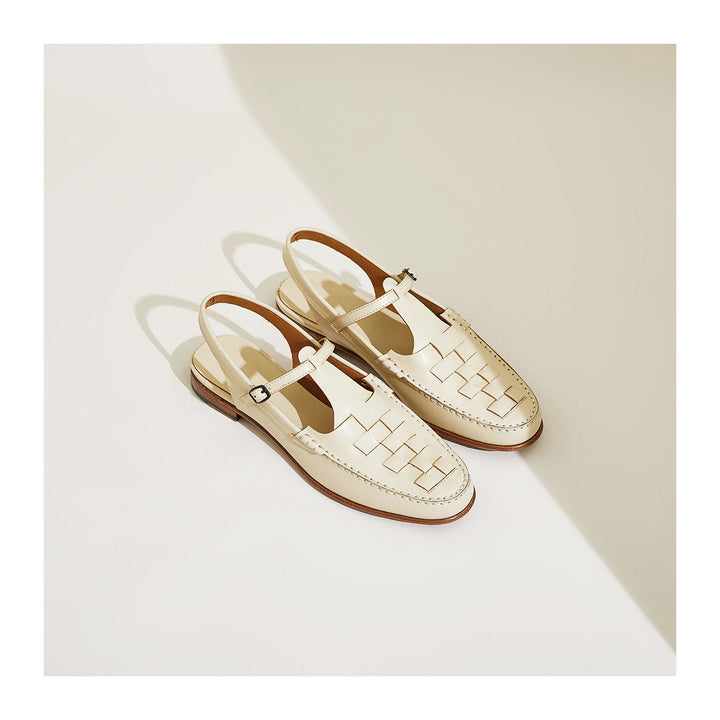 Ivory woven charm sandals, braided grid pattern on slingback upper and low heel