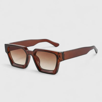 Brown tortoiseshell sunglasses with square frames and warm amber lenses