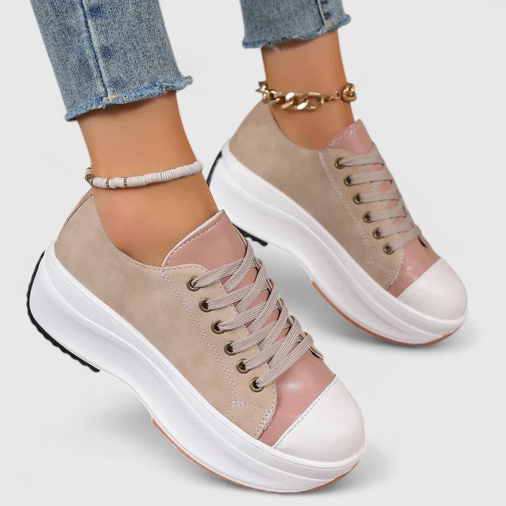 Khaki orthopedic sneakers with pink panels, lace-up front, white platform sole, gold chain ankle strap