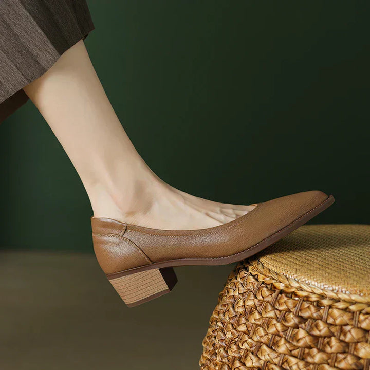 Brown mid heeled shoes with pointed toe and low stacked heel, side detail view