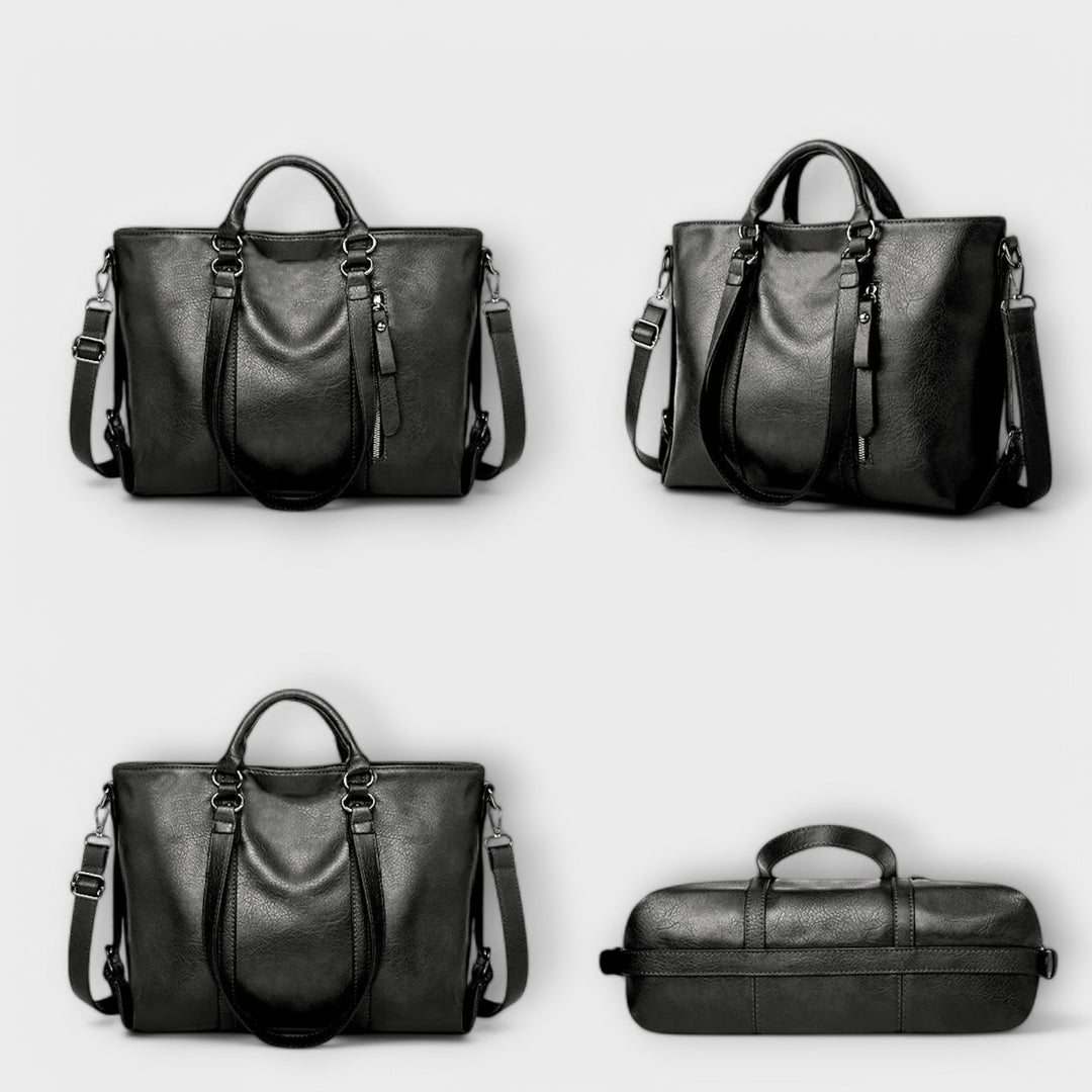 Black leather large bag with top handles and crossbody straps, shown from multiple angles.