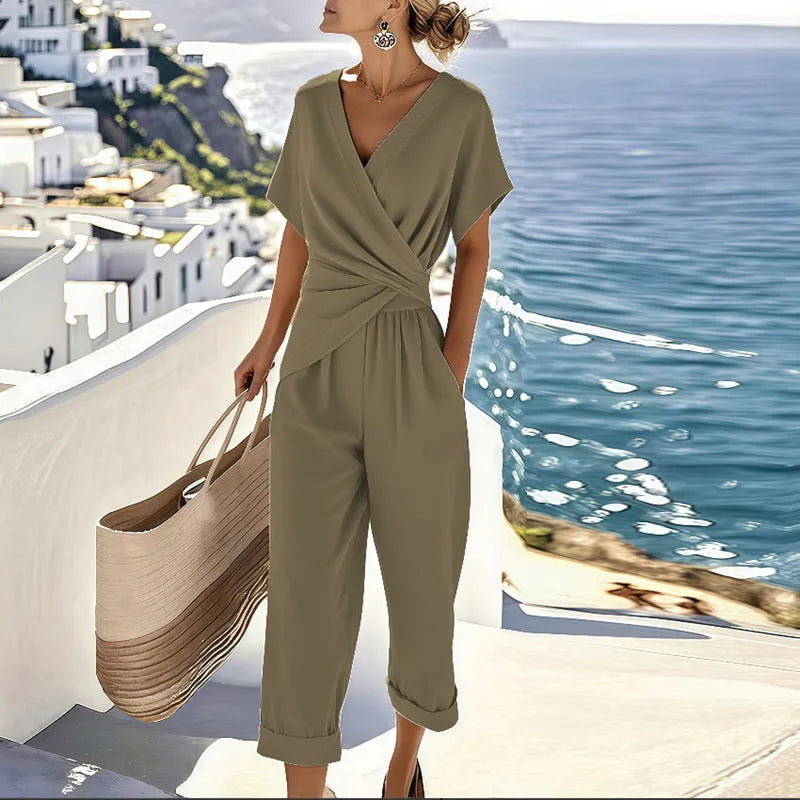 Khaki wrap-front two-piece set with draped top and cropped trousers, short sleeves