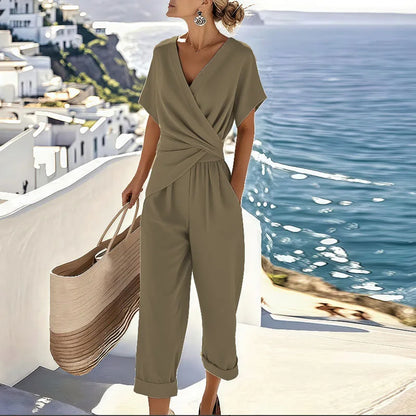 Khaki wrap-front two-piece set with draped top and cropped trousers, short sleeves