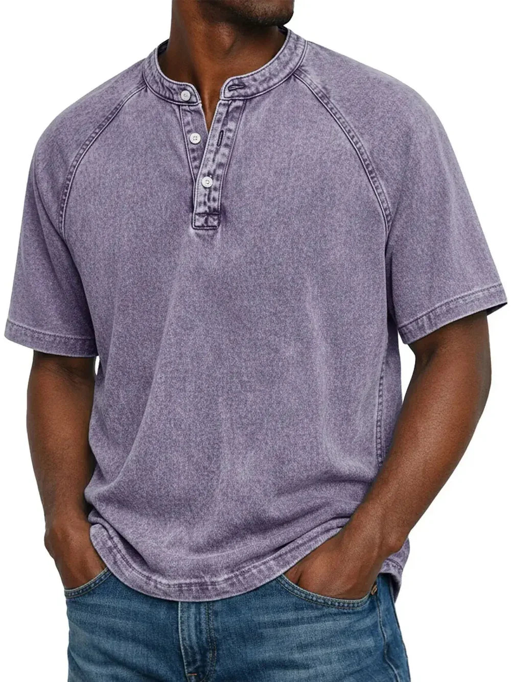 Men's purple vintage button T-shirt, henley placket with 3 buttons, short sleeves