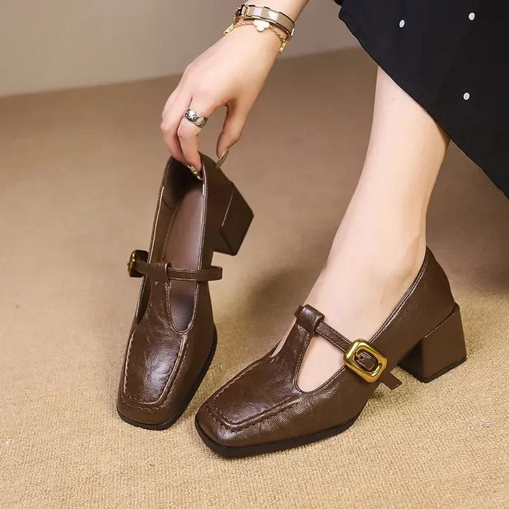 Brown Mary Jane pumps with square toe, T-strap, and gold buckle block heel