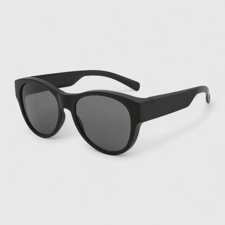Sunglasses with black frame and dark gray lenses, front view
