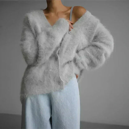 ADELE™ fuzzy mohair cardigan in light gray, button-front V-neck, long sleeves