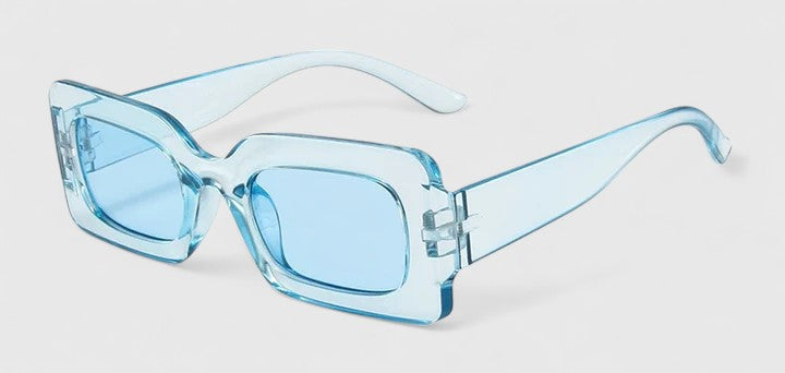 Elyanna sunglasses, light blue square frames with blue tinted lenses