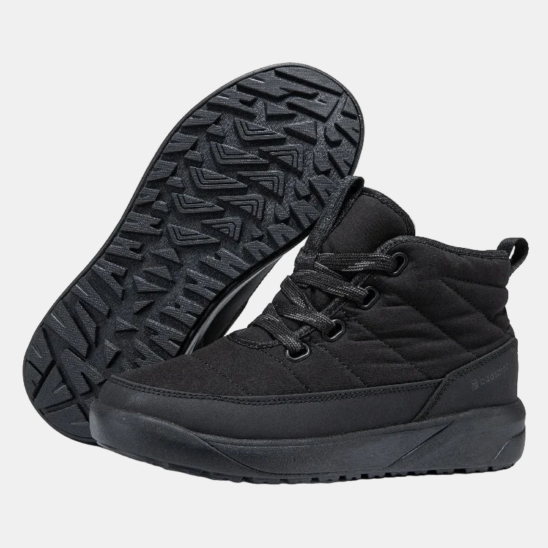 Black non-slip ankle boots with lace-up front and textured treaded outsole