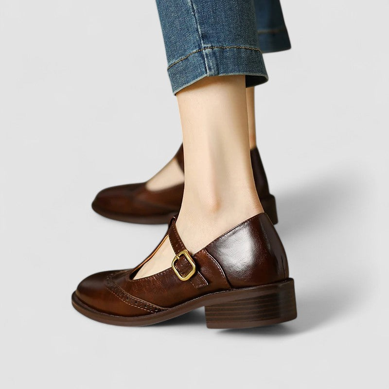Orthopedic Mary Jane shoes, brown leather look with gold-tone buckle strap