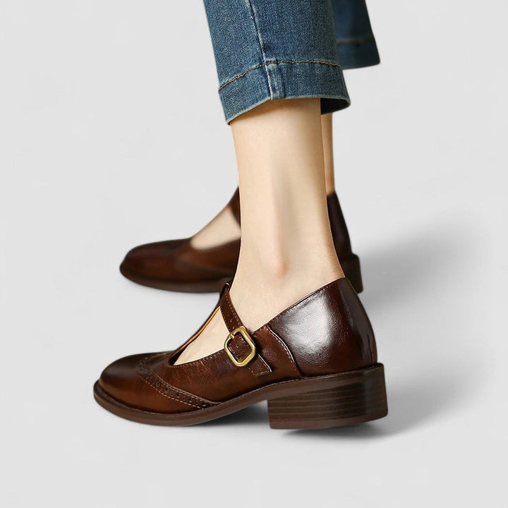 Orthopedic Mary Jane shoes, brown leather look with gold-tone buckle strap