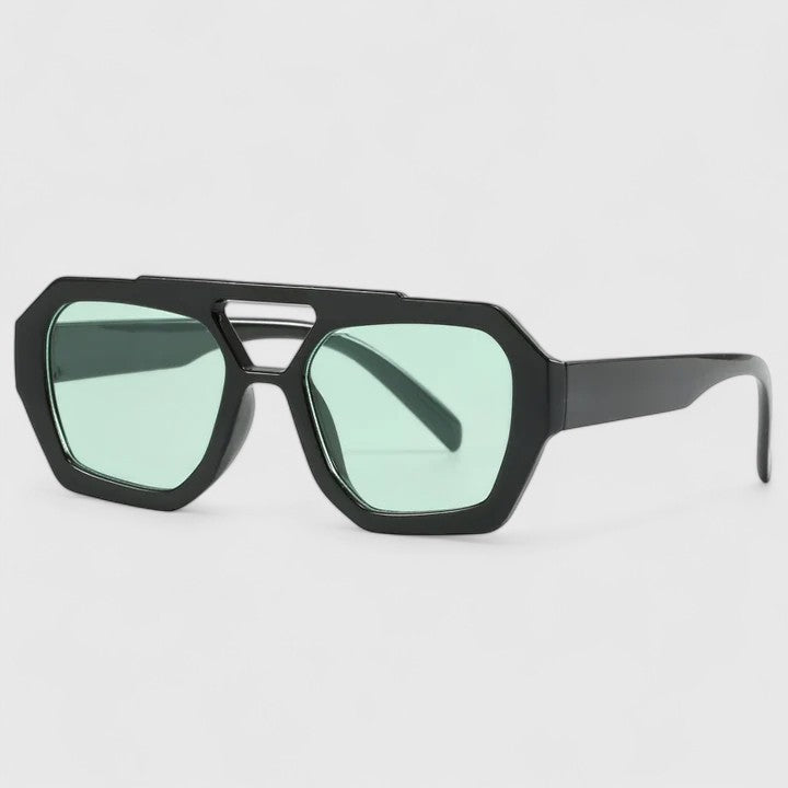 Sunglasses with matte black square frames and mint-tinted lenses