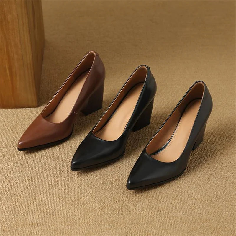 Brown and black pointed-toe pumps with block heels, triple view
