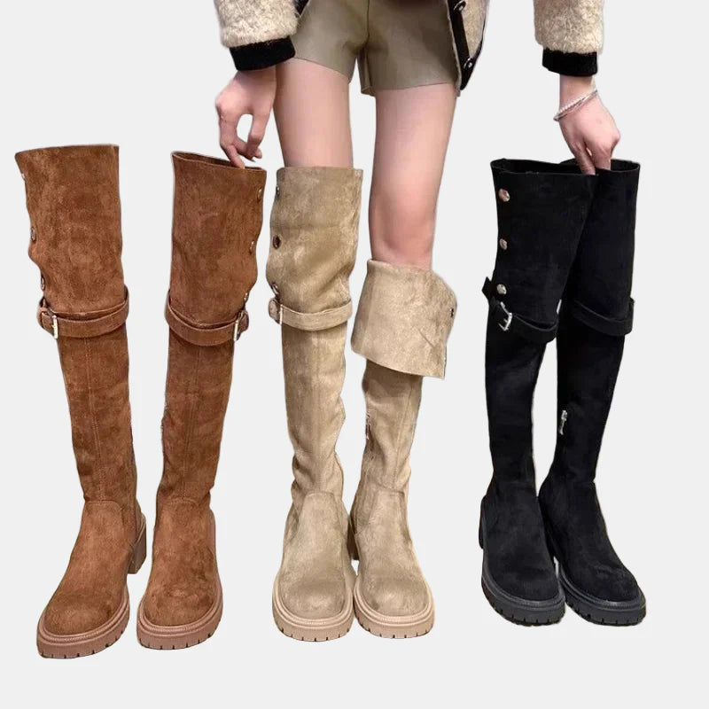 Suede cowboy boots in brown, apricot, beige and black with cuff strap detail