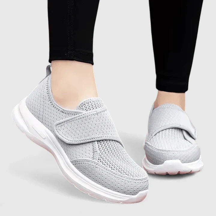Gray orthopedic Velcro slip-on shoes, knit upper, hook-and-loop strap