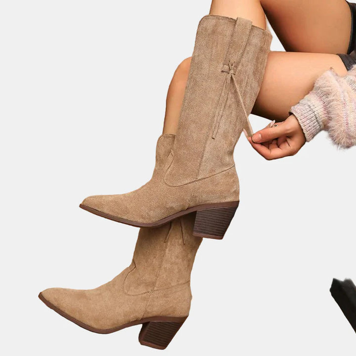 Khaki mid-calf faux suede boots with tassel ties and stacked block heel