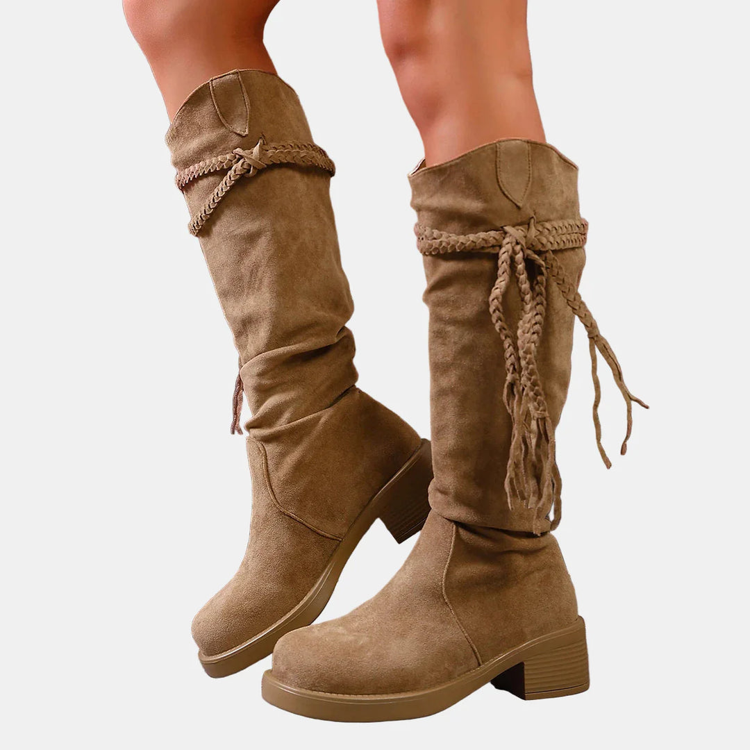 Khaki suede mid-calf ankle boots with chunky block heel and braided tassel cuff