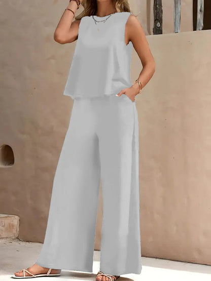 White sleeveless top and wide-leg pants two-piece set