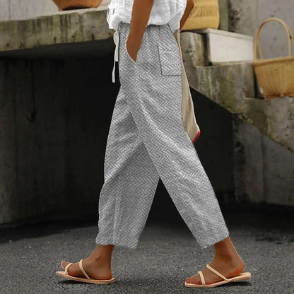 Gray chevron summer pants with drawstring waist and relaxed cropped legs