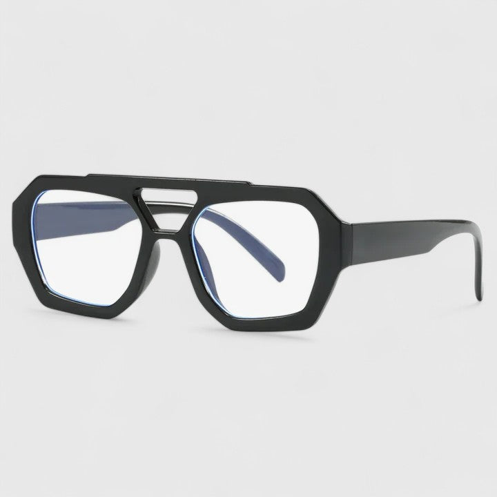 Sunglasses with matte black frames and light blue tinted lenses