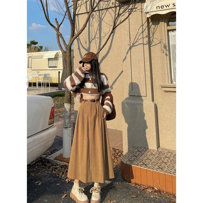 Camel corduroy midi skirt with wide belt and gathered front pleats
