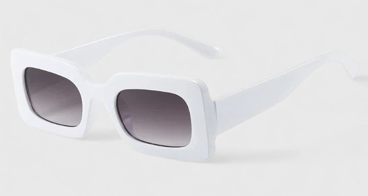 White square sunglasses with dark gradient lenses and curved temples