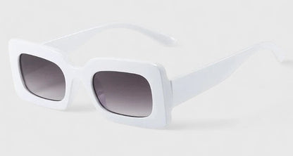 White square sunglasses with dark gradient lenses and curved temples