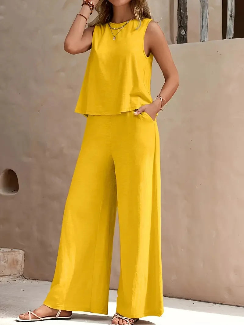 Yellow sleeveless top and wide-leg pants two-piece set