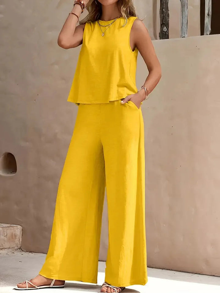 Yellow sleeveless top and wide-leg pants two-piece set