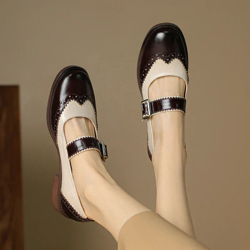 Miana leather Mary Janes, dark brown-and-cream uppers, buckle mary-jane strap