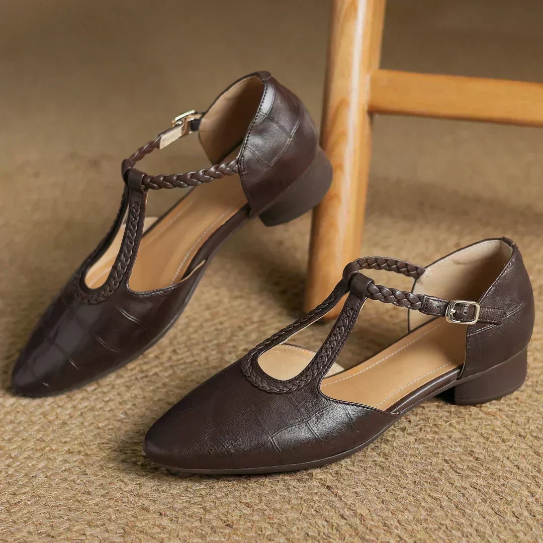 Brown leather Mary Jane flats with braided ankle strap and metal buckle