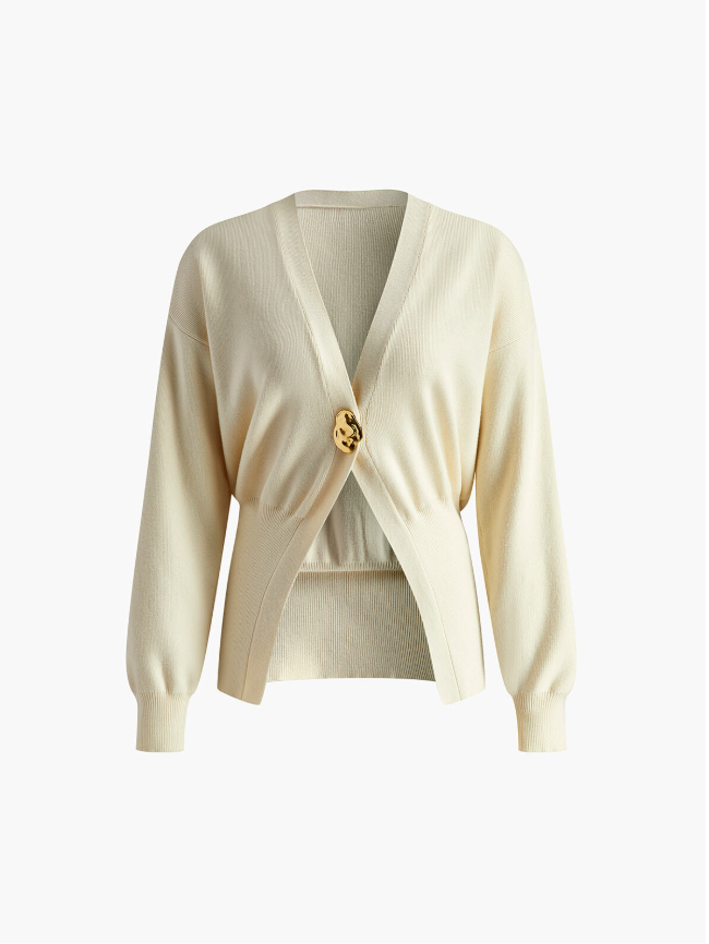 Beige modern cardigan front, V-neck wrap with gold button and long sleeves