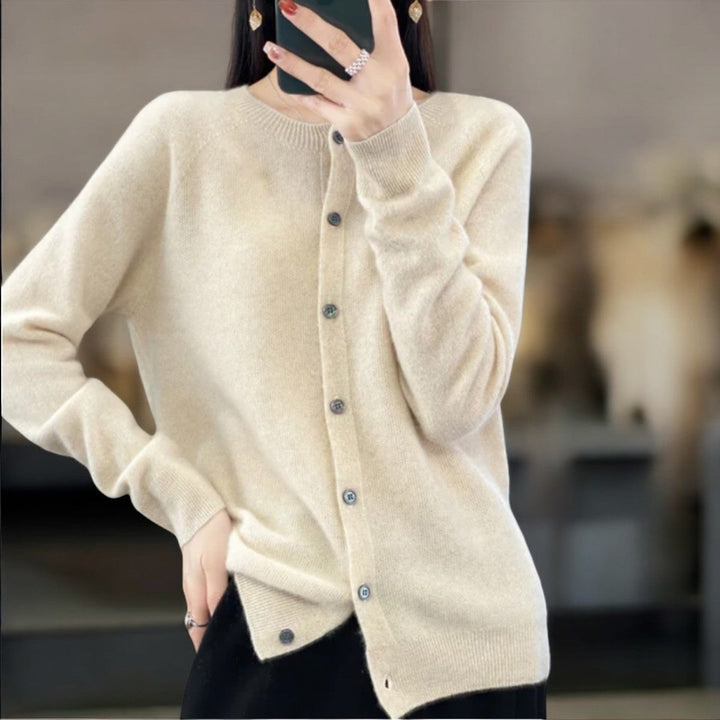 Cream soft button-up cardigan sweater with front button placket and long sleeves