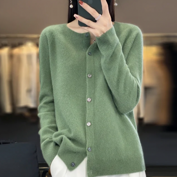 Green soft button-up cardigan sweater with front button placket and long sleeves