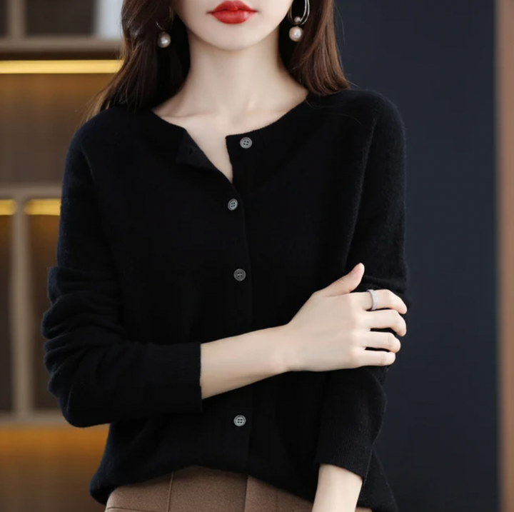Black soft button-up cardigan sweater with rounded collar and front button placket