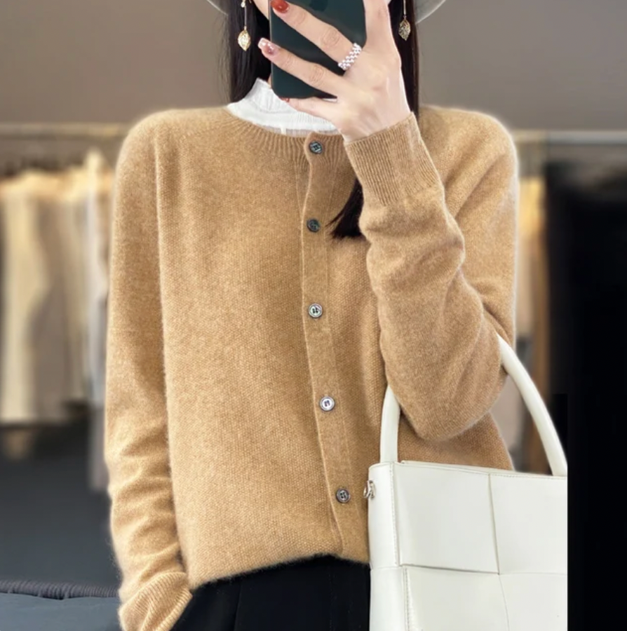 Camel soft button-up cardigan sweater with front buttons and long sleeves