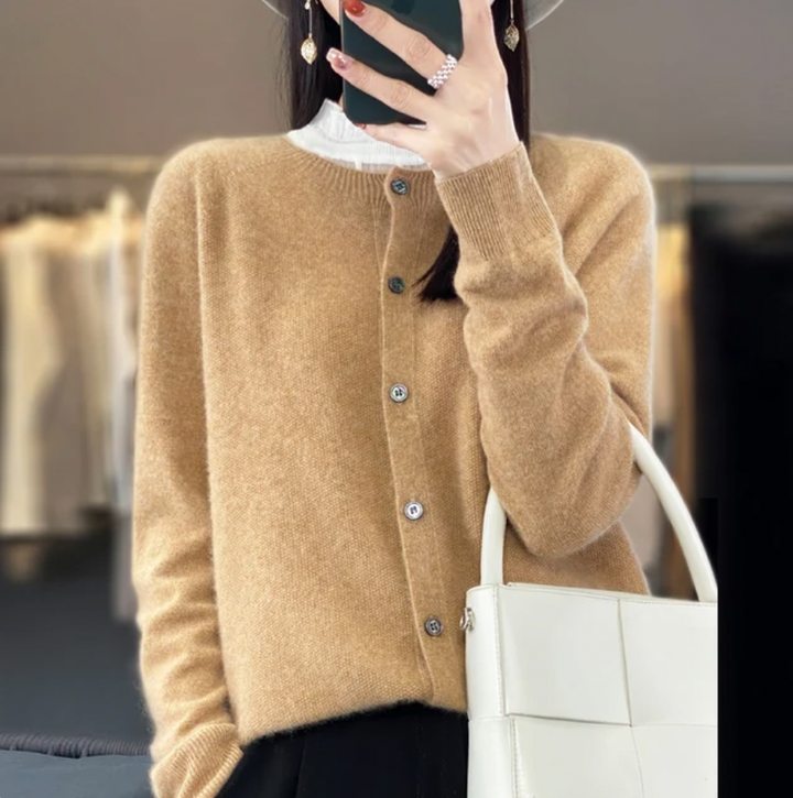Camel soft button-up cardigan sweater with front buttons and long sleeves
